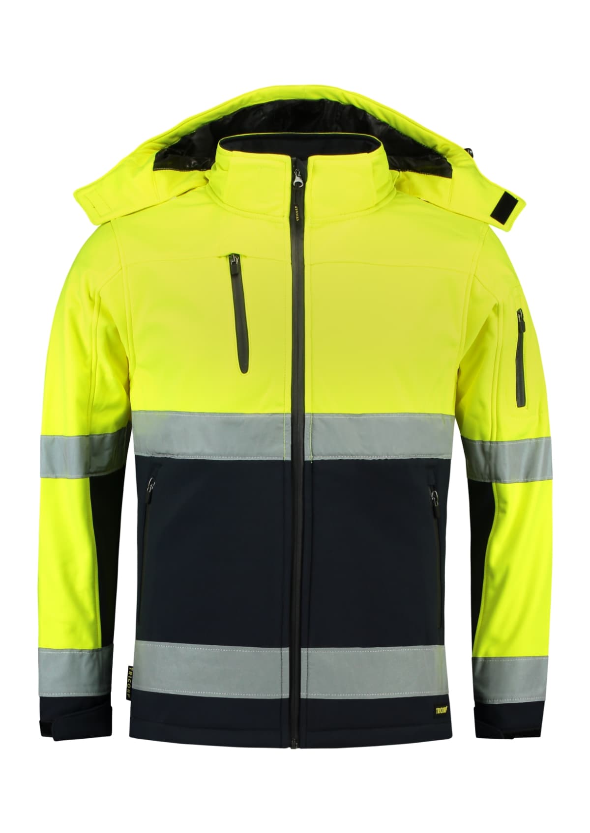 Bi-color EN ISO 20471 Softshell v barvě fluorescenční žlutá — Přední pohled
